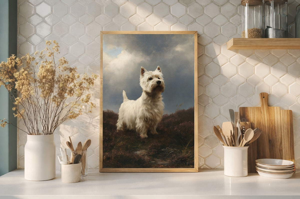 Westie on wet heather, in a light oak frame leaning on a kitchen counter beside dried flowers and chopping boards