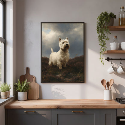 Westie on wet heather, in a dark wood frame above a wooden worktop in a grey shaker kitchen