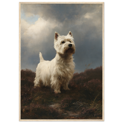 Westie on wet heather, print in a natural wood frame