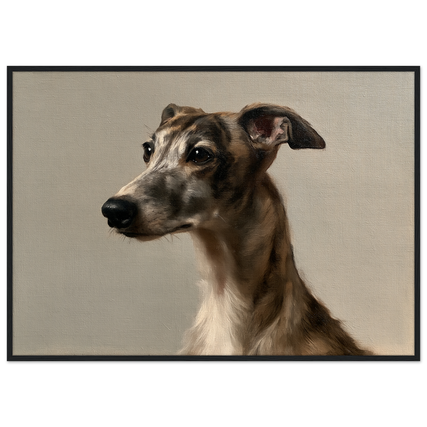 A brindle whippet oil portrait, print in a black frame