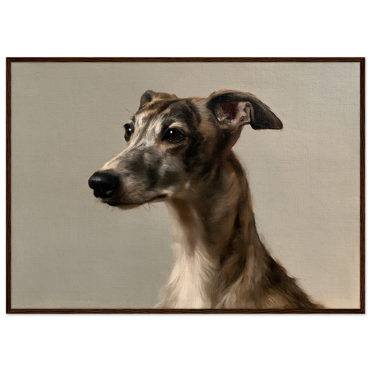 A brindle whippet oil portrait, print in a dark wood frame