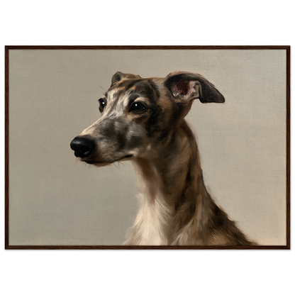 A brindle whippet oil portrait, print in a dark wood frame