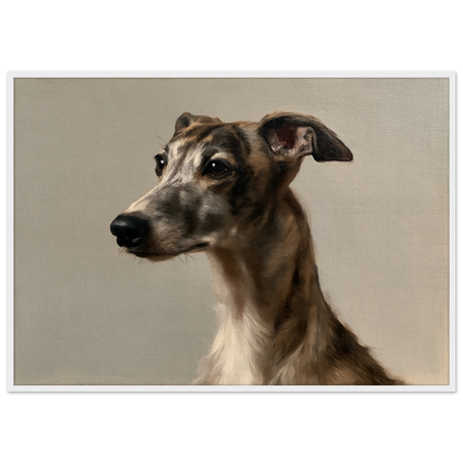 A brindle whippet oil portrait, print in a white frame