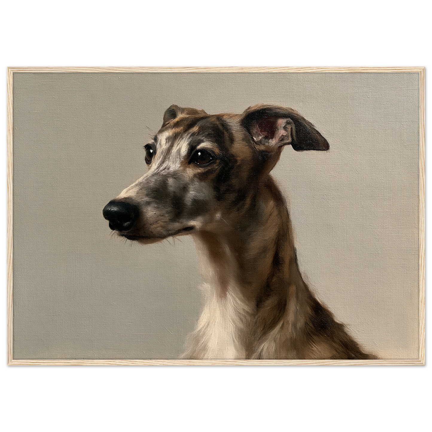 A brindle whippet oil portrait, print in a natural wood frame
