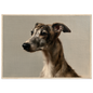 A brindle whippet oil portrait, print in a natural wood frame