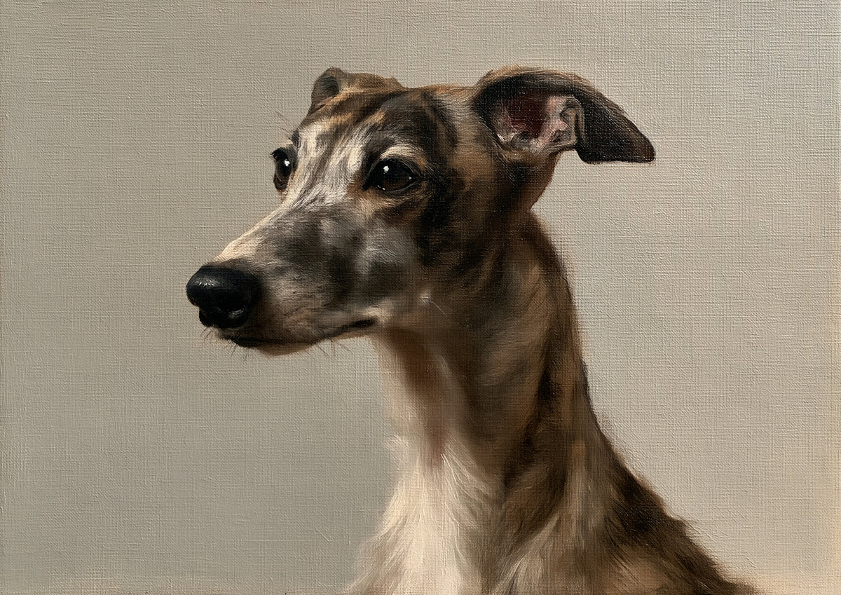 A brindle whippet with a long narrow head, painted in oil against a plain putty ground