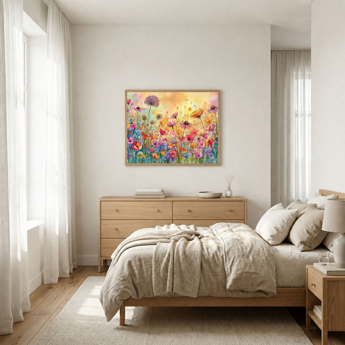 Wildflower meadow, in a natural wood frame above an oak chest of drawers in a bright neutral bedroom
