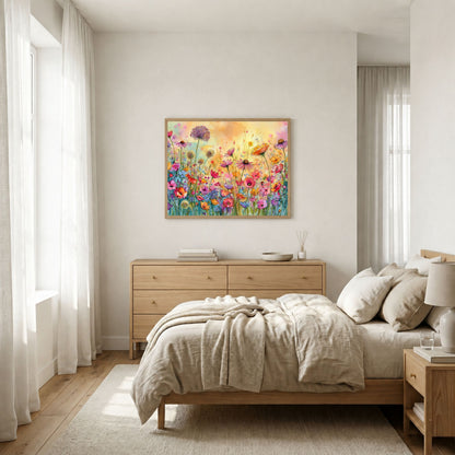 Wildflower meadow, in a natural wood frame above an oak chest of drawers in a bright neutral bedroom