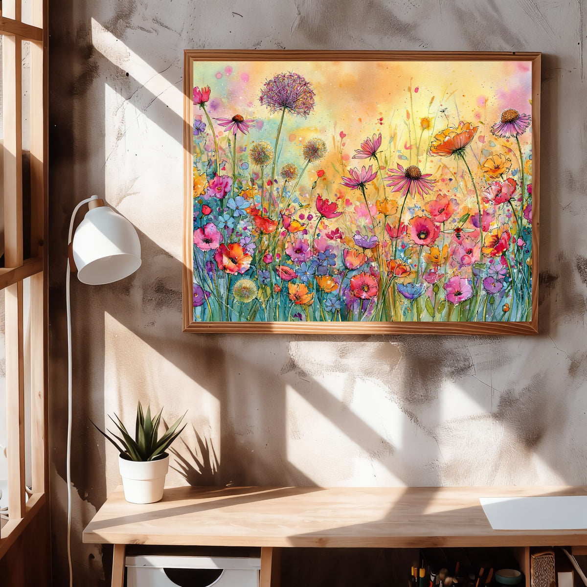 Wildflower meadow, in a natural wood frame above a pine desk in a sunlit home office with a bare plaster wall