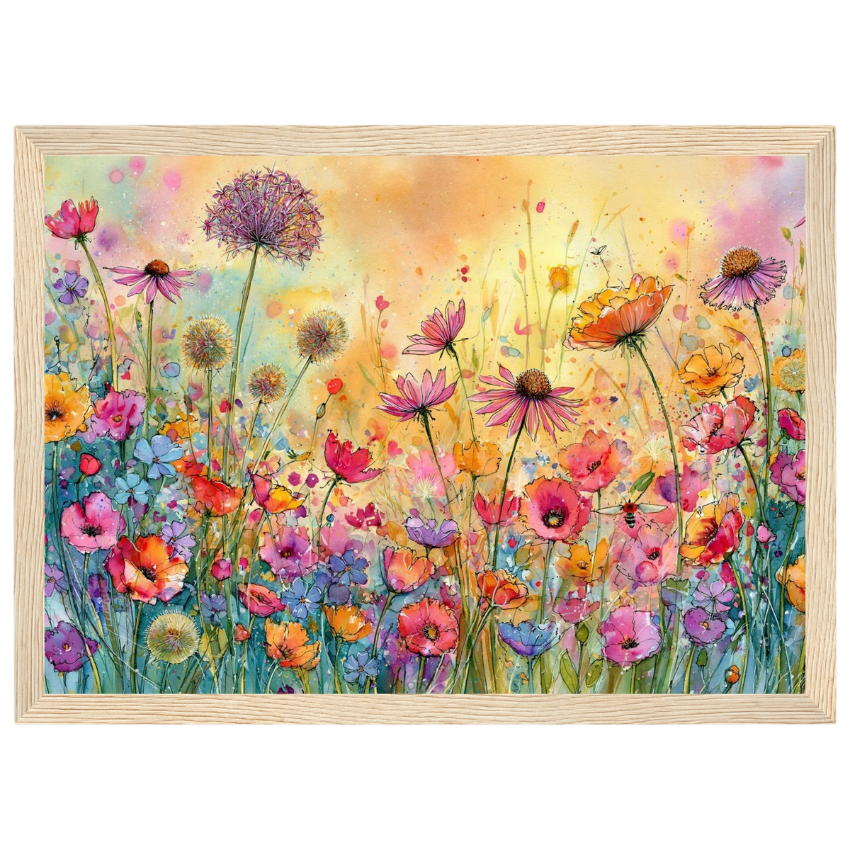 Wildflower meadow, print in a natural wood frame