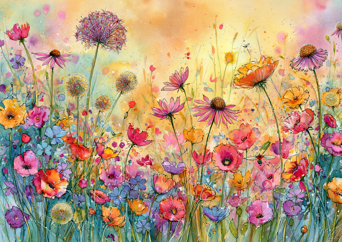 A dense summer meadow of poppies, coneflowers, cosmos, cornflowers, alliums and dandelion clocks, painted in loose ink and watercolour with a bee among the flowers