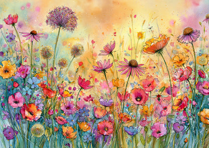 A dense summer meadow of poppies, coneflowers, cosmos, cornflowers, alliums and dandelion clocks, painted in loose ink and watercolour with a bee among the flowers