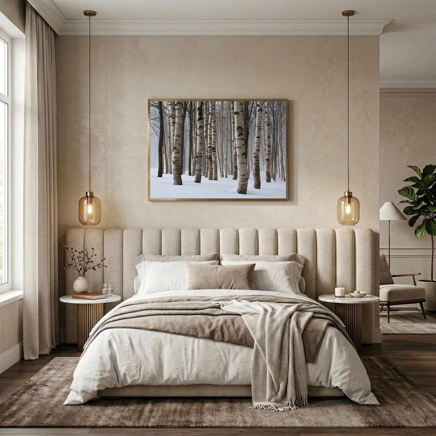 Winter birch wood in snow, in a pale wood frame above a cream upholstered bed in a warm neutral bedroom