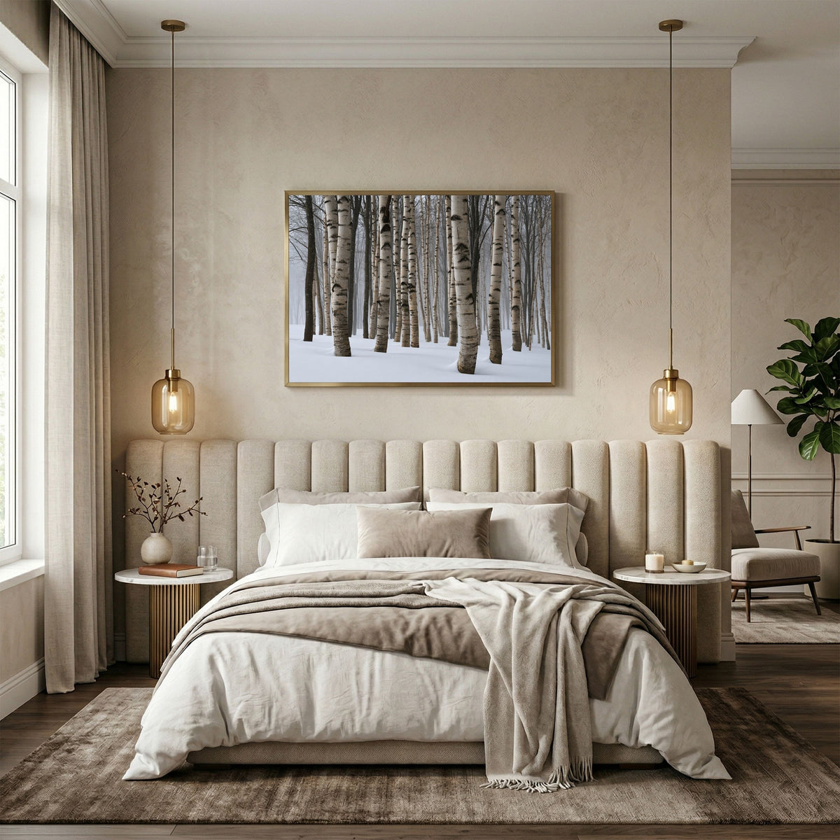 Winter birch wood in snow, in a pale wood frame above a cream upholstered bed in a warm neutral bedroom