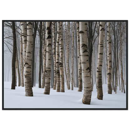 Dense winter birch wood in snow, print in a black frame