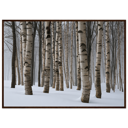 Dense winter birch wood in snow, print in a dark wood frame
