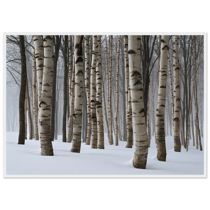 Dense winter birch wood in snow, print in a white frame