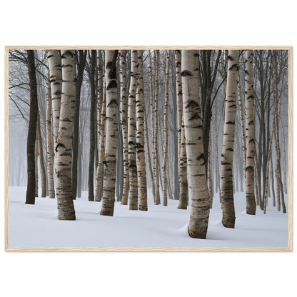 Dense winter birch wood in snow, print in a natural wood frame