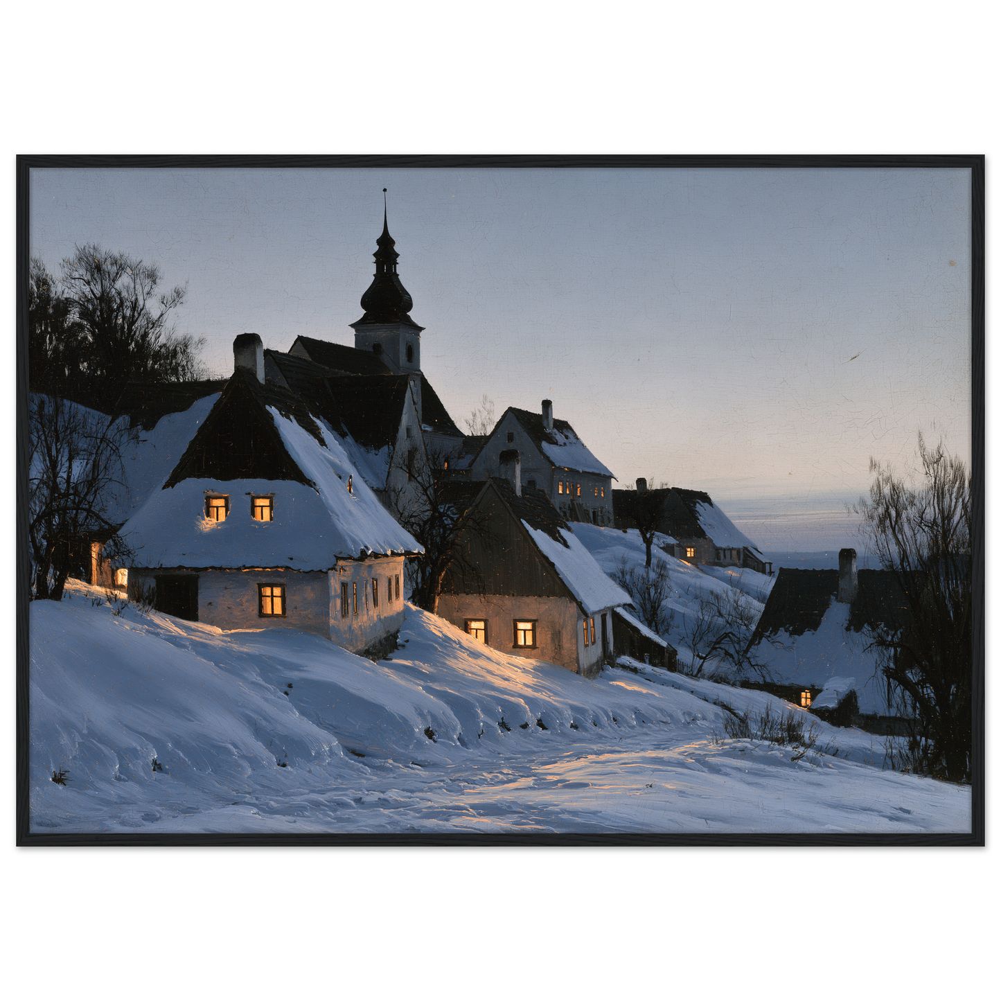 A snow-covered village with lit windows at dusk, print in a black frame