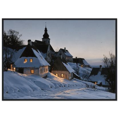 A snow-covered village with lit windows at dusk, print in a black frame