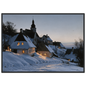 A snow-covered village with lit windows at dusk, print in a black frame