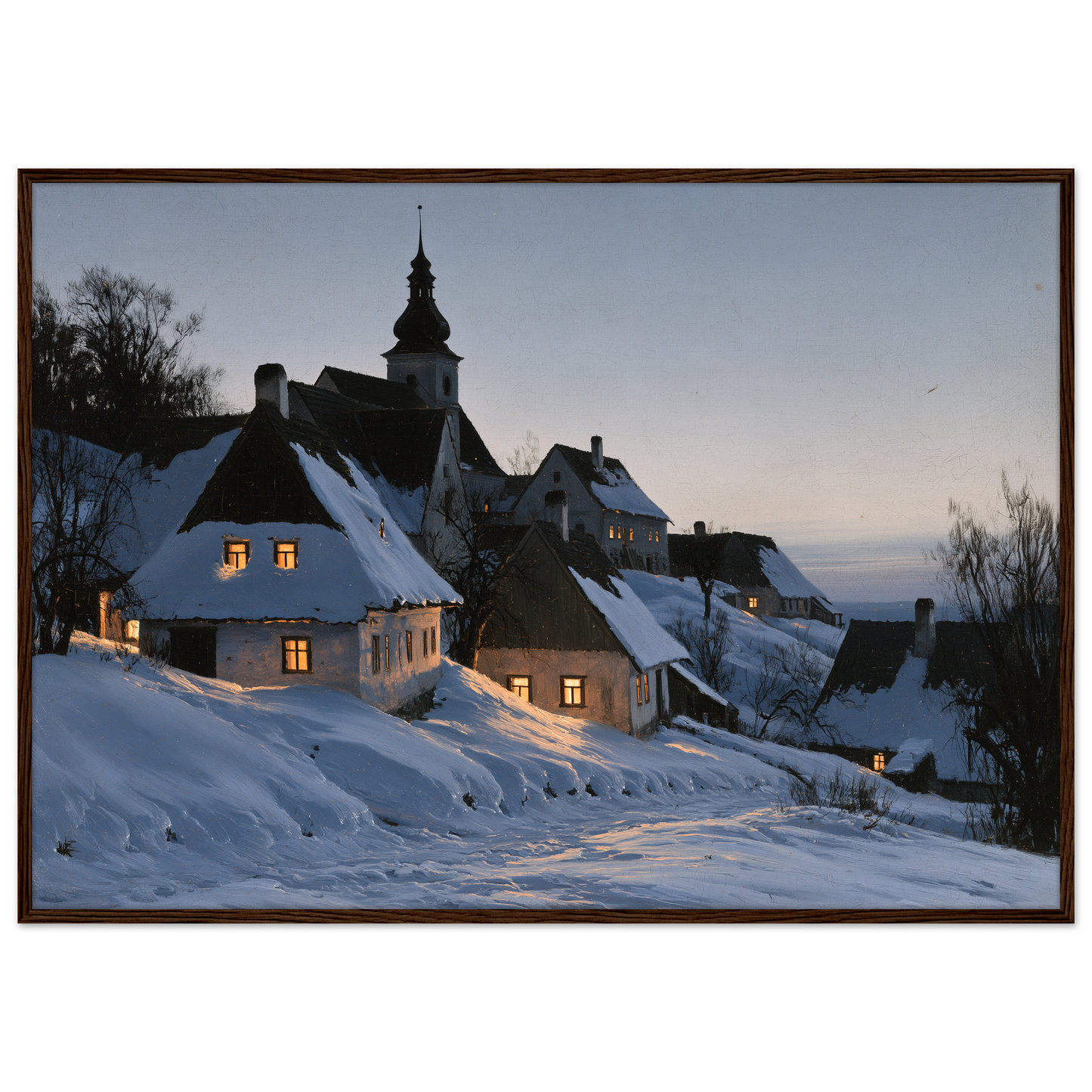 A snow-covered village with lit windows at dusk, print in a dark wood frame