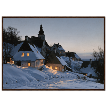 A snow-covered village with lit windows at dusk, print in a dark wood frame