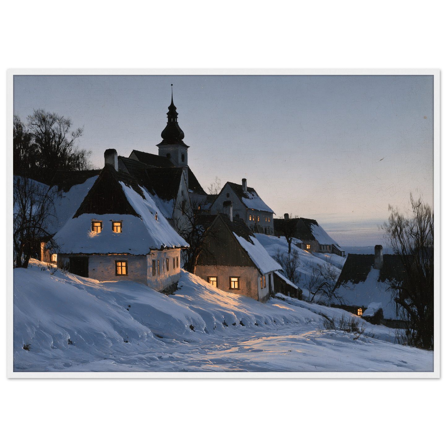 A snow-covered village with lit windows at dusk, print in a white frame