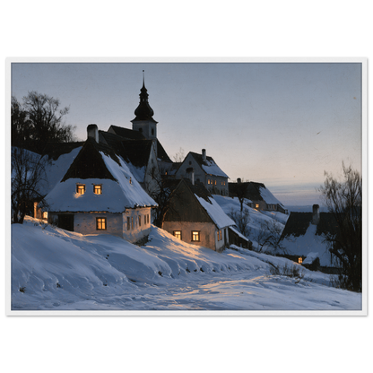 A snow-covered village with lit windows at dusk, print in a white frame