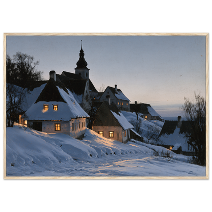 A snow-covered village with lit windows at dusk, print in a natural wood frame