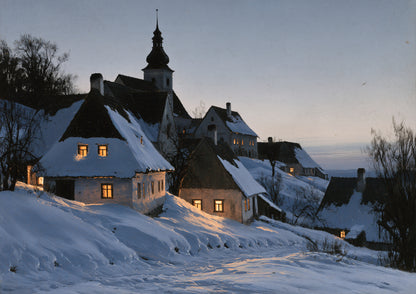 A snow-covered village with lit windows under a deep blue winter dusk sky