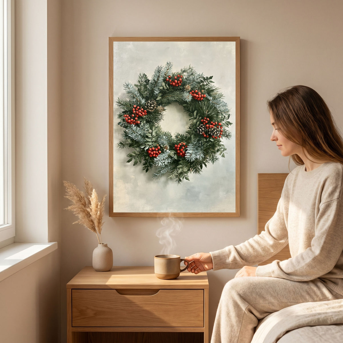 Winter wreath of spruce, pine and red berries, in a natural wood frame above a wooden bedside table in a warm neutral bedroom