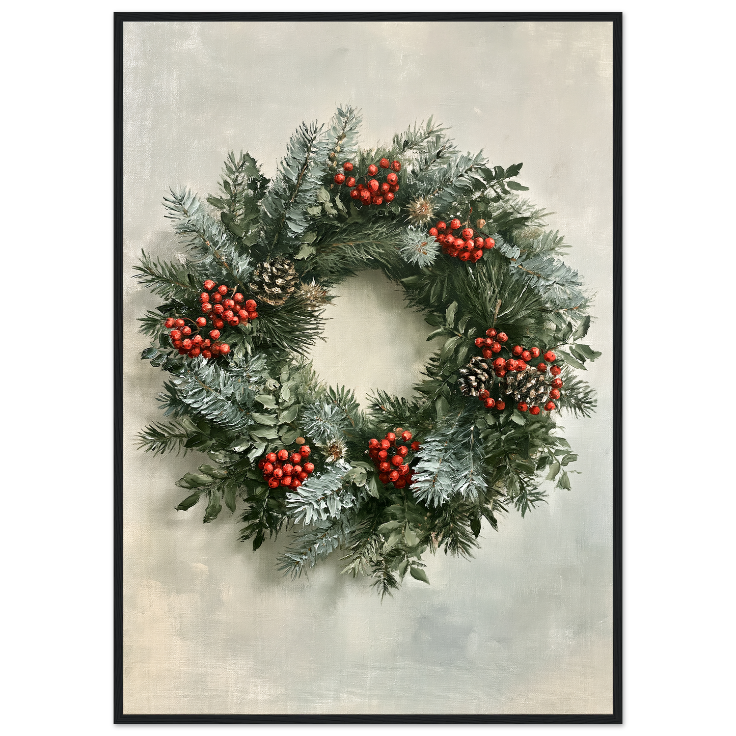 Winter wreath of spruce, pine and red berries, print in a black frame