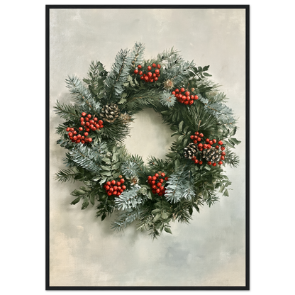 Winter wreath of spruce, pine and red berries, print in a black frame