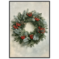 Winter wreath of spruce, pine and red berries, print in a black frame