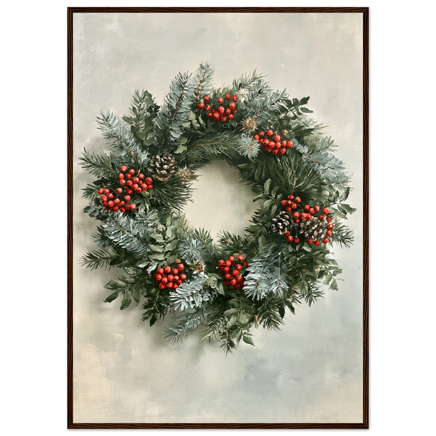 Winter wreath of spruce, pine and red berries, print in a dark wood frame