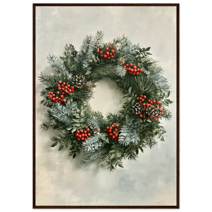 Winter wreath of spruce, pine and red berries, print in a dark wood frame