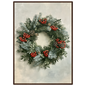 Winter wreath of spruce, pine and red berries, print in a dark wood frame