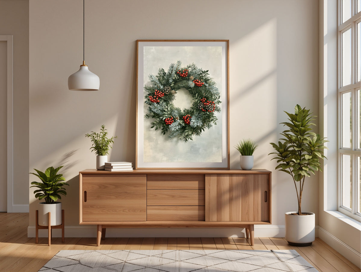 Winter wreath of spruce, pine and red berries, in a light wood frame resting on a mid-century sideboard in a bright living room