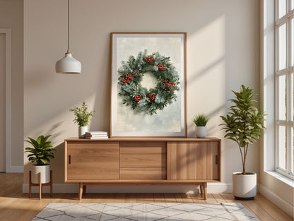 Winter wreath of spruce, pine and red berries, in a light wood frame resting on a mid-century sideboard in a bright living room