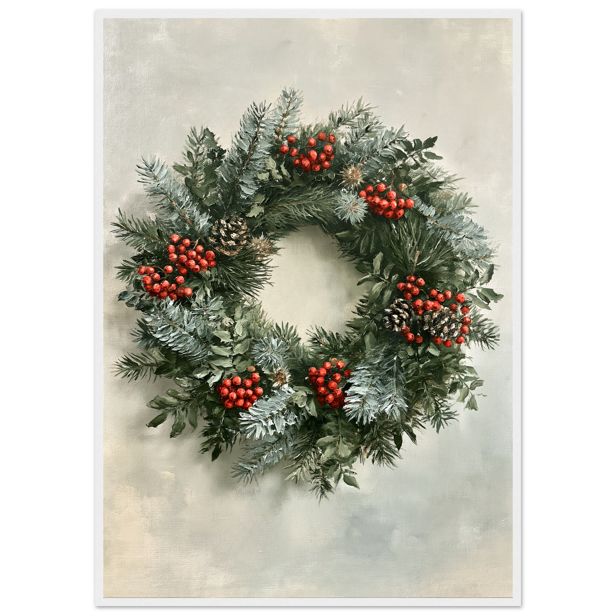 Winter wreath of spruce, pine and red berries, print in a white frame
