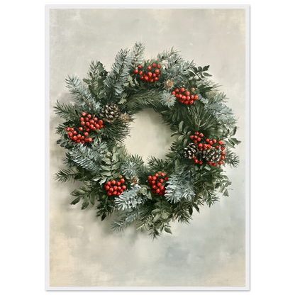 Winter wreath of spruce, pine and red berries, print in a white frame
