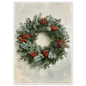Winter wreath of spruce, pine and red berries, print in a white frame