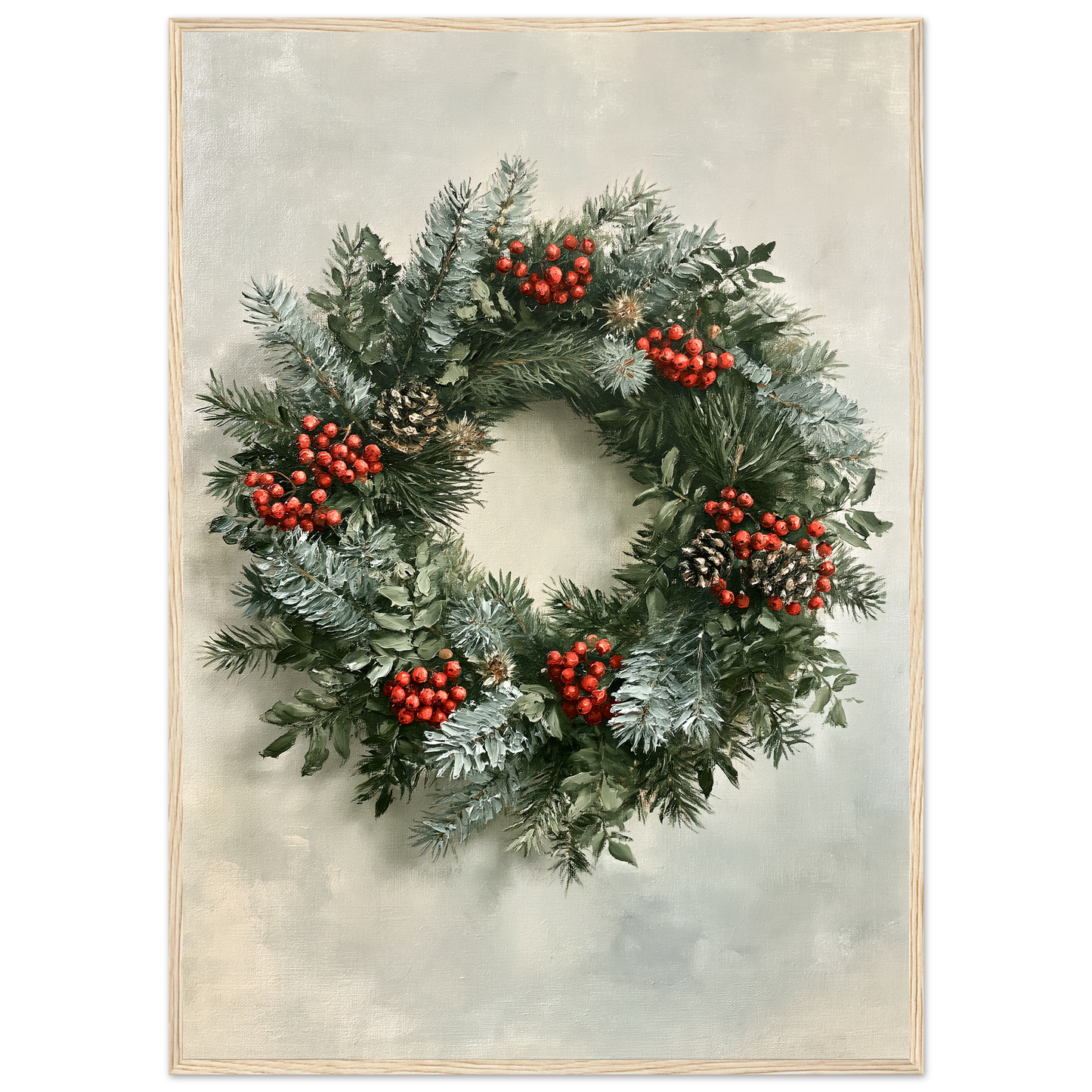 Winter wreath of spruce, pine and red berries, print in a natural wood frame