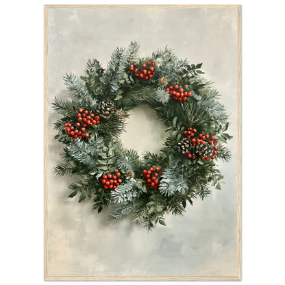 Winter wreath of spruce, pine and red berries, print in a natural wood frame