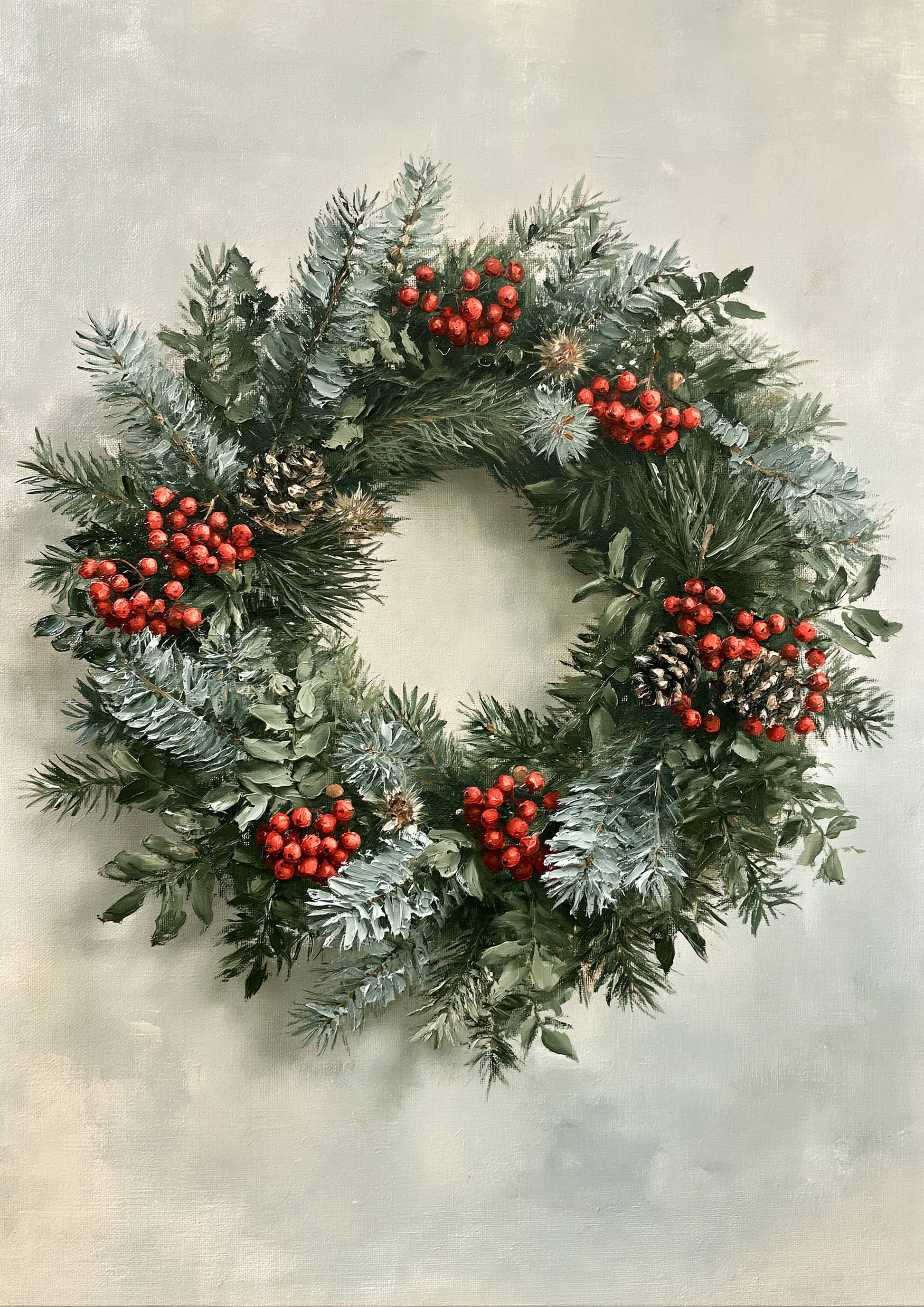 A hand-tied wreath of spruce, pine and red rowan berries with small cones, hung flat on a pale lime-plaster wall