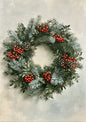A hand-tied wreath of spruce, pine and red rowan berries with small cones, hung flat on a pale lime-plaster wall
