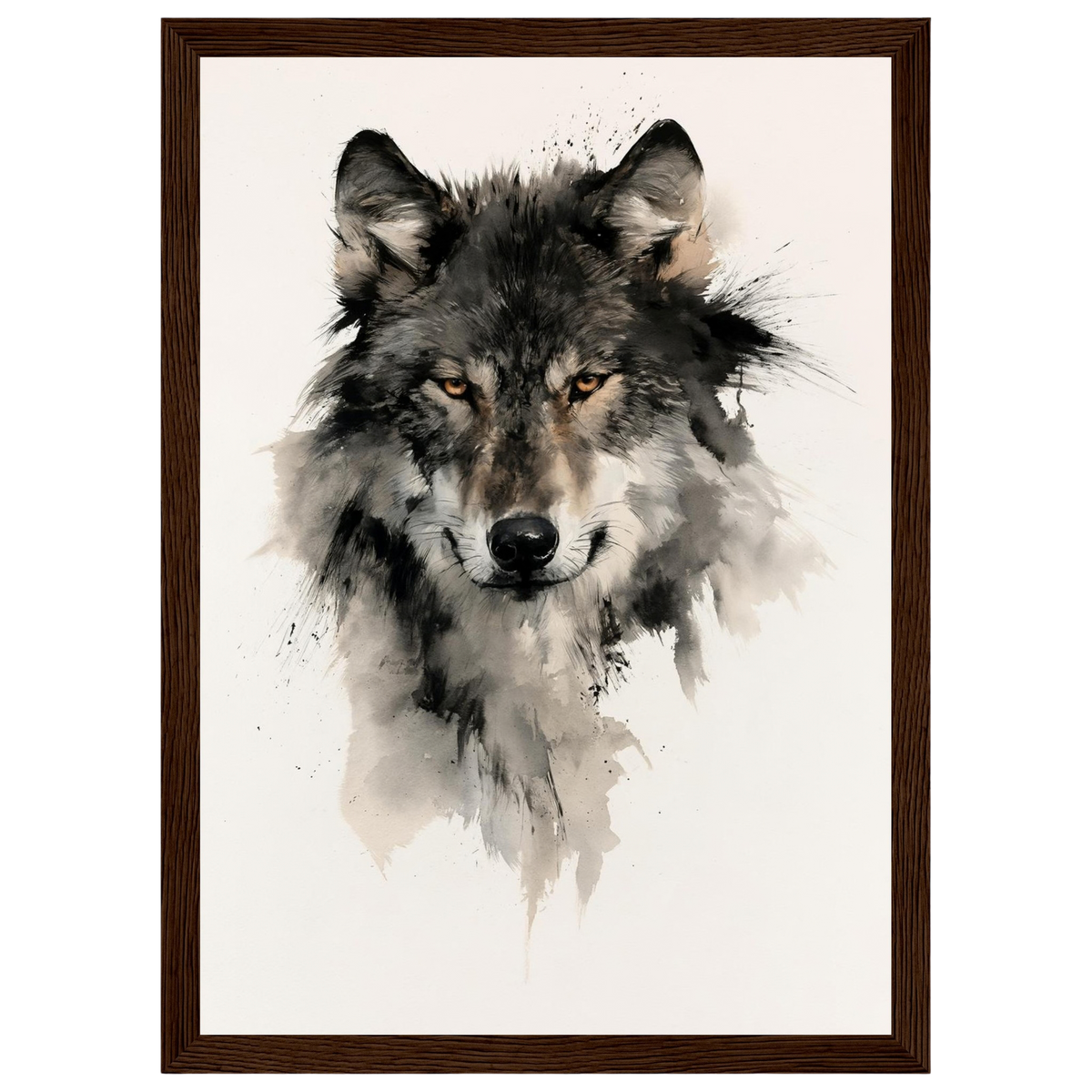 Wolf in ink, print in a dark wood frame