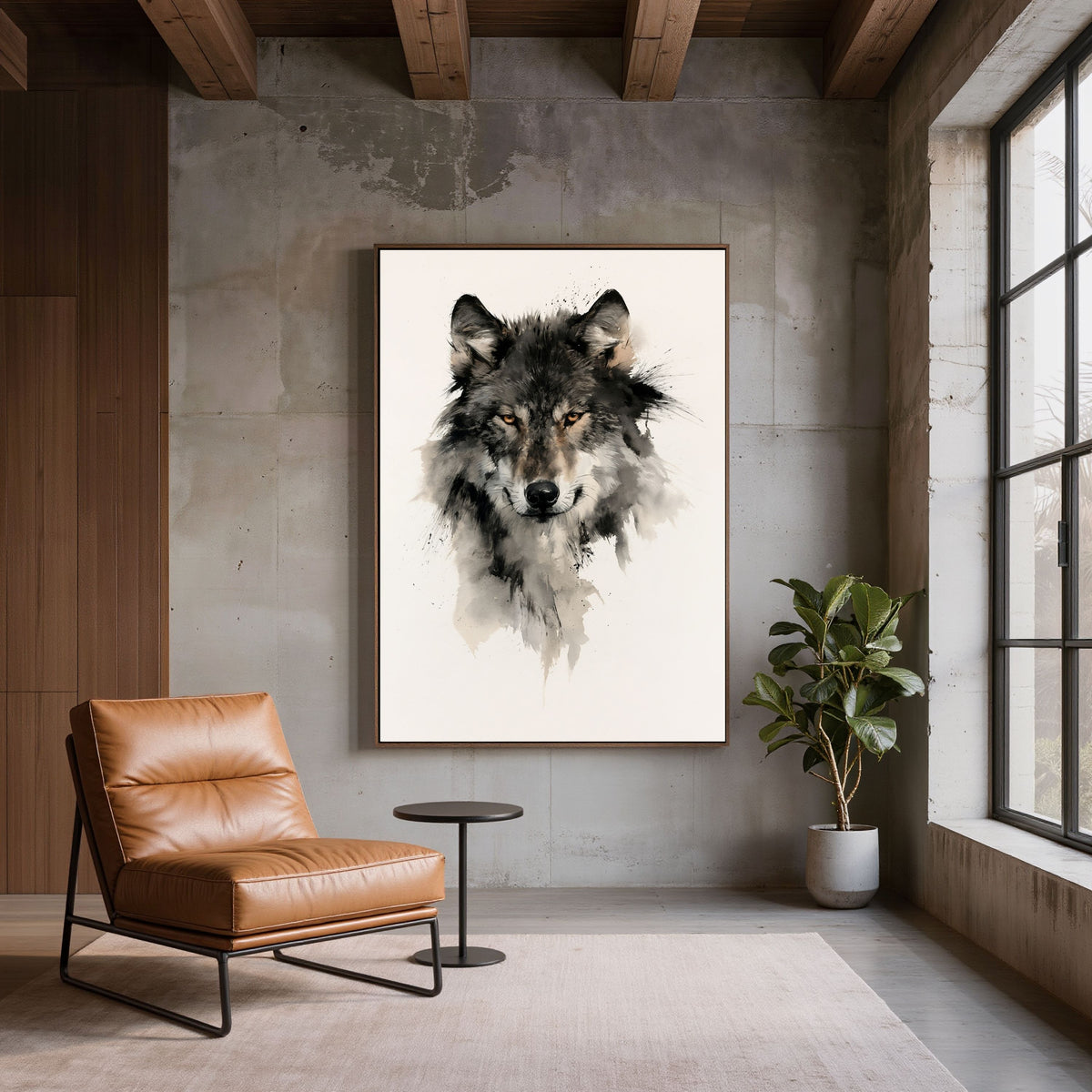 Wolf in ink, in a slim dark frame on a concrete wall beside a leather lounge chair in an industrial loft living room