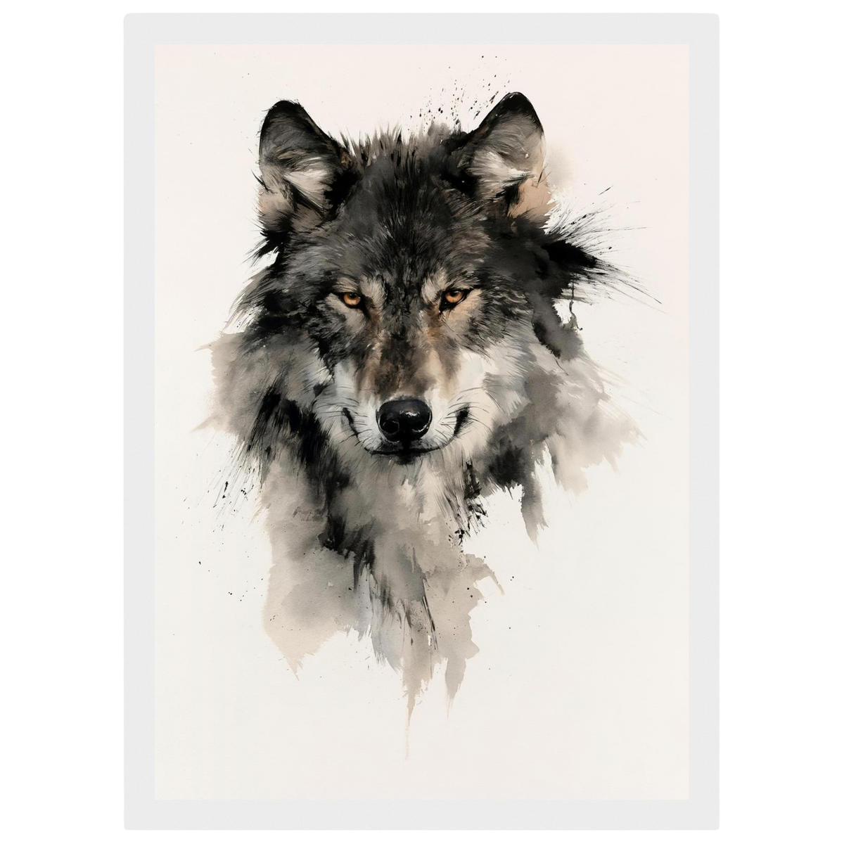 Wolf in ink, print in a white frame